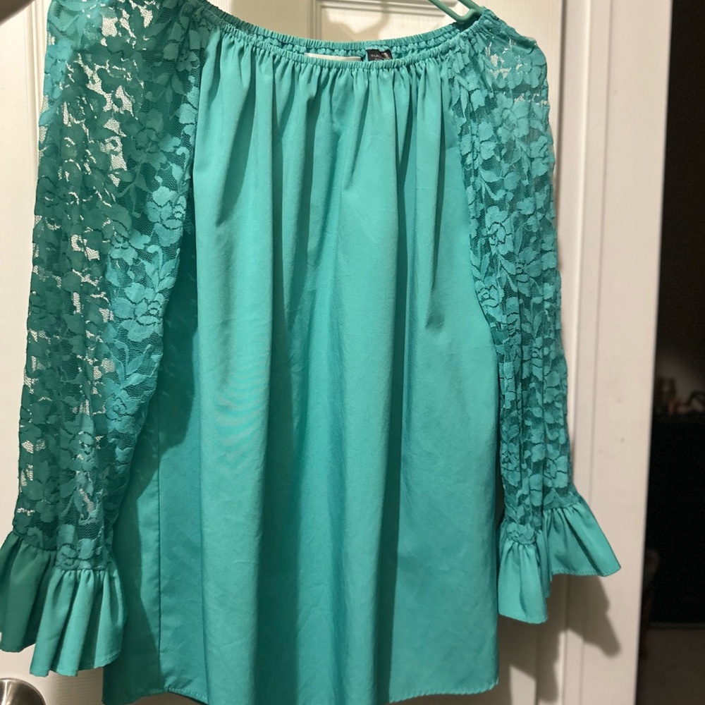 Teal Blouse with Lace Sleeves